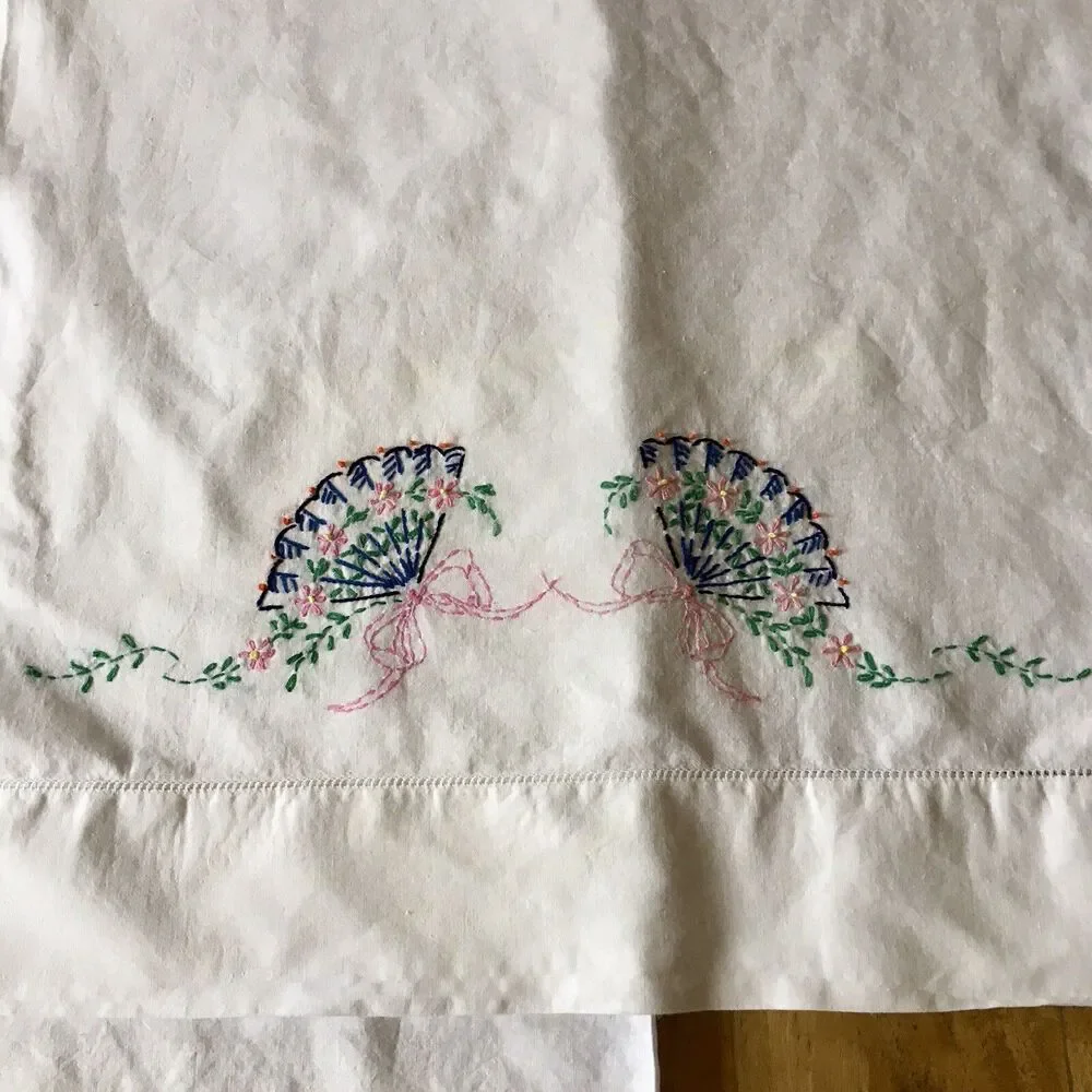 Vintage Hand Embroidered Pillow Cases - Fans - Standard size